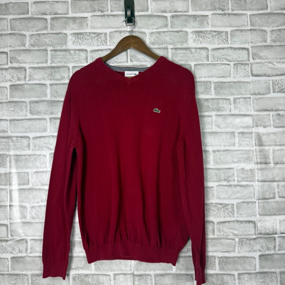 LACOSTE Authentic Maroon V-Neck Casual Soft Pullover Sweater Mens 5 / LARGE